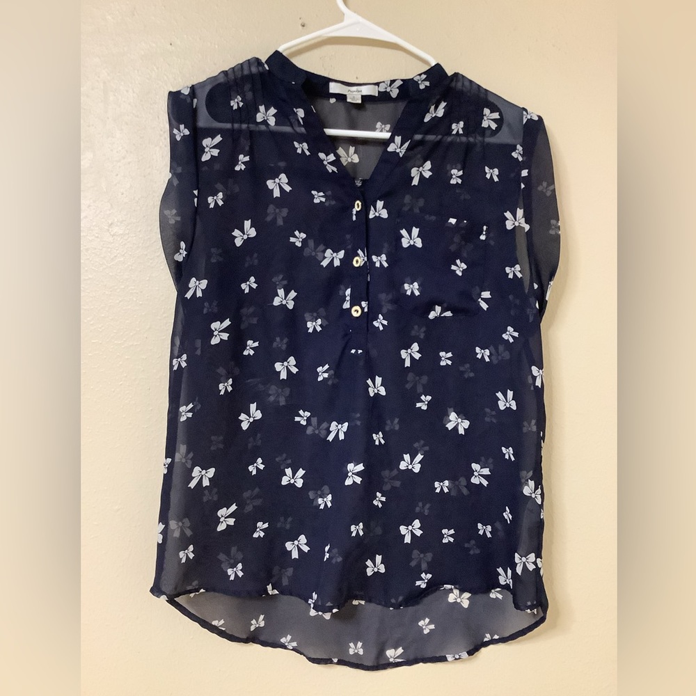 Papaya Woman Top Blue Sheer Blouse White Bow All Over Print Chest Pocket EUC